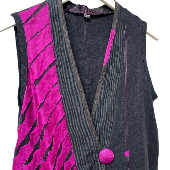 Artsy Vest M/L Charcoal Black Pink Emboidered Applique Boho Top - Picture 5 of 12